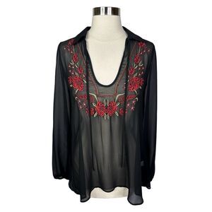 Band of Gypsies Floral Embroidered Sheer Peasant Top - Size Medium